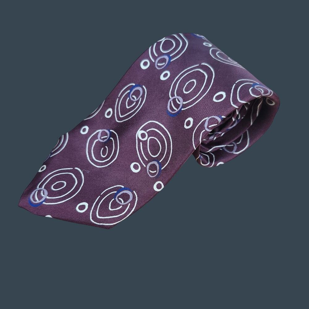 Men's Vintage Milano Burgundy Silk Tie With Abstract Circle Design Made In Italy